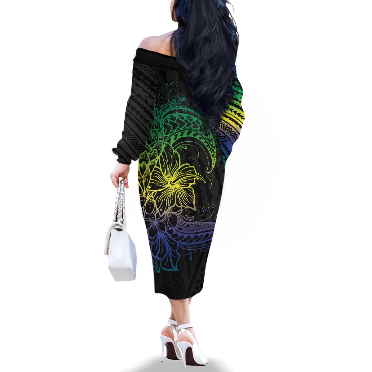 Floral Polynesian Hibiscus Tattoo Family Matching Off The Shoulder Long Sleeve Dress and Hawaiian Shirt Green Gradient Style LT9 - Polynesian Pride