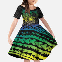 Floral Polynesian Hibiscus Tattoo Family Matching Off Shoulder Maxi Dress and Hawaiian Shirt Green Gradient Style LT9 Daughter's Dress Green - Polynesian Pride