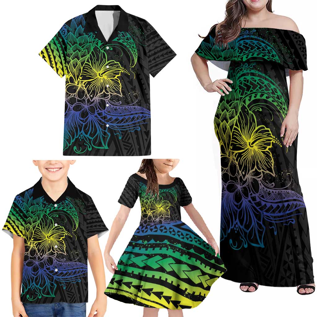 Floral Polynesian Hibiscus Tattoo Family Matching Off Shoulder Maxi Dress and Hawaiian Shirt Green Gradient Style LT9 - Polynesian Pride