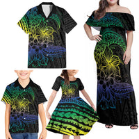 Floral Polynesian Hibiscus Tattoo Family Matching Off Shoulder Maxi Dress and Hawaiian Shirt Green Gradient Style LT9 - Polynesian Pride