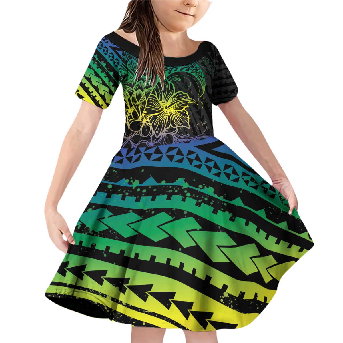 Floral Polynesian Hibiscus Tattoo Family Matching Off Shoulder Short Dress and Hawaiian Shirt Green Gradient Style LT9 Daughter's Dress Green - Polynesian Pride
