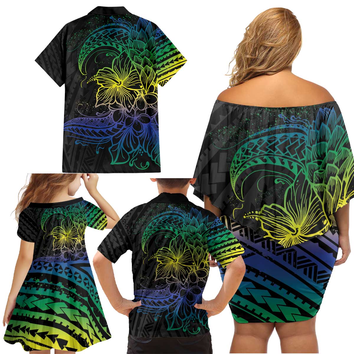 Floral Polynesian Hibiscus Tattoo Family Matching Off Shoulder Short Dress and Hawaiian Shirt Green Gradient Style LT9 - Polynesian Pride