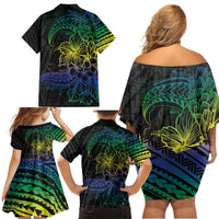 Floral Polynesian Hibiscus Tattoo Family Matching Off Shoulder Short Dress and Hawaiian Shirt Green Gradient Style LT9 - Polynesian Pride