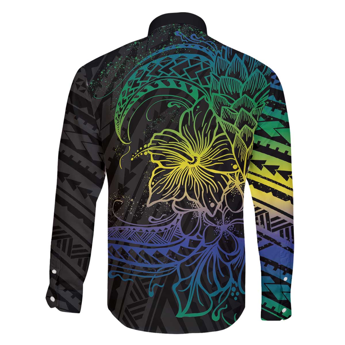 Floral Polynesian Hibiscus Tattoo Family Matching Off Shoulder Short Dress and Hawaiian Shirt Green Gradient Style LT9 - Polynesian Pride