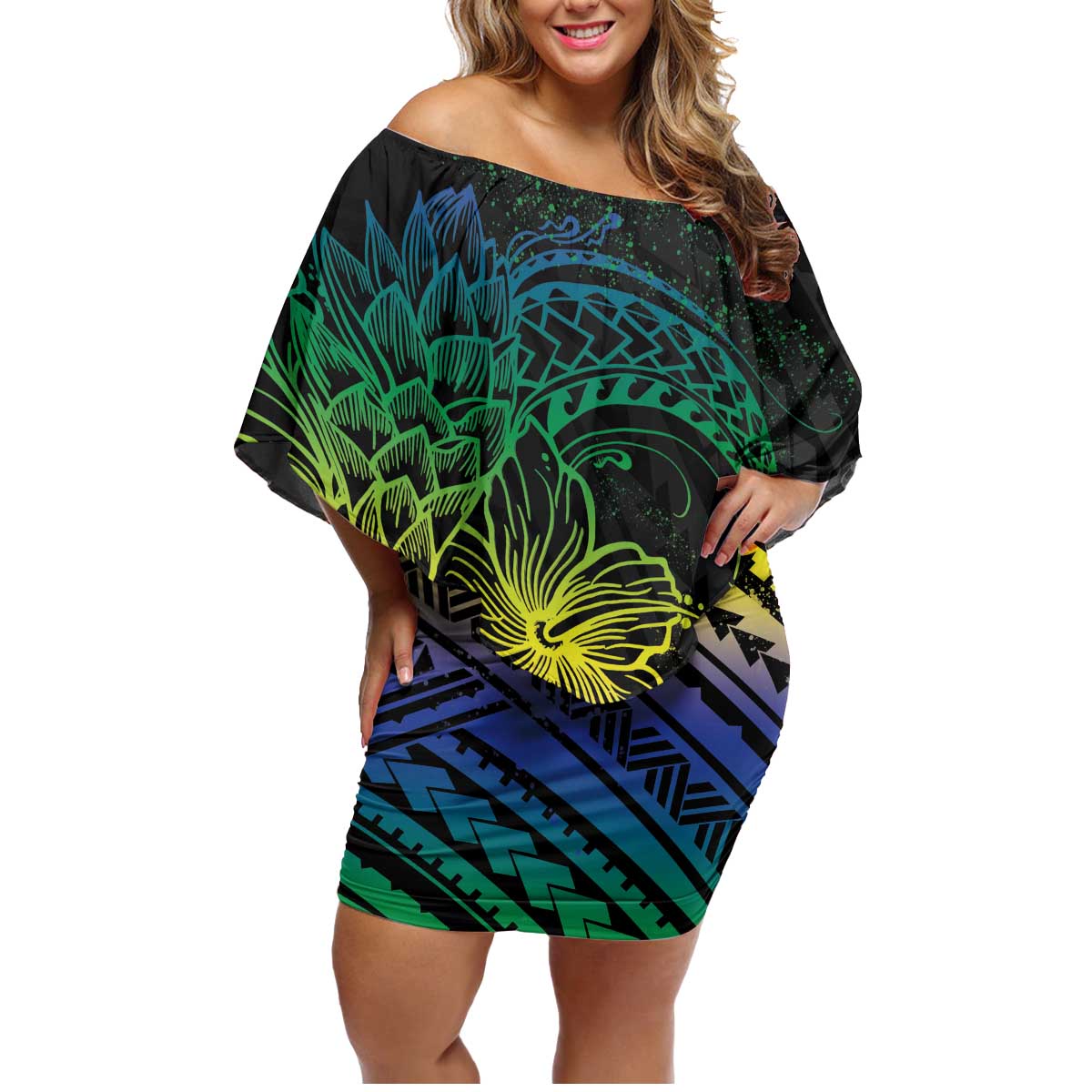 Floral Polynesian Hibiscus Tattoo Family Matching Off Shoulder Short Dress and Hawaiian Shirt Green Gradient Style LT9 Mom's Dress Green - Polynesian Pride