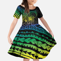 Floral Polynesian Hibiscus Tattoo Family Matching Puletasi and Hawaiian Shirt Green Gradient Style LT9 Daughter's Dress Green - Polynesian Pride
