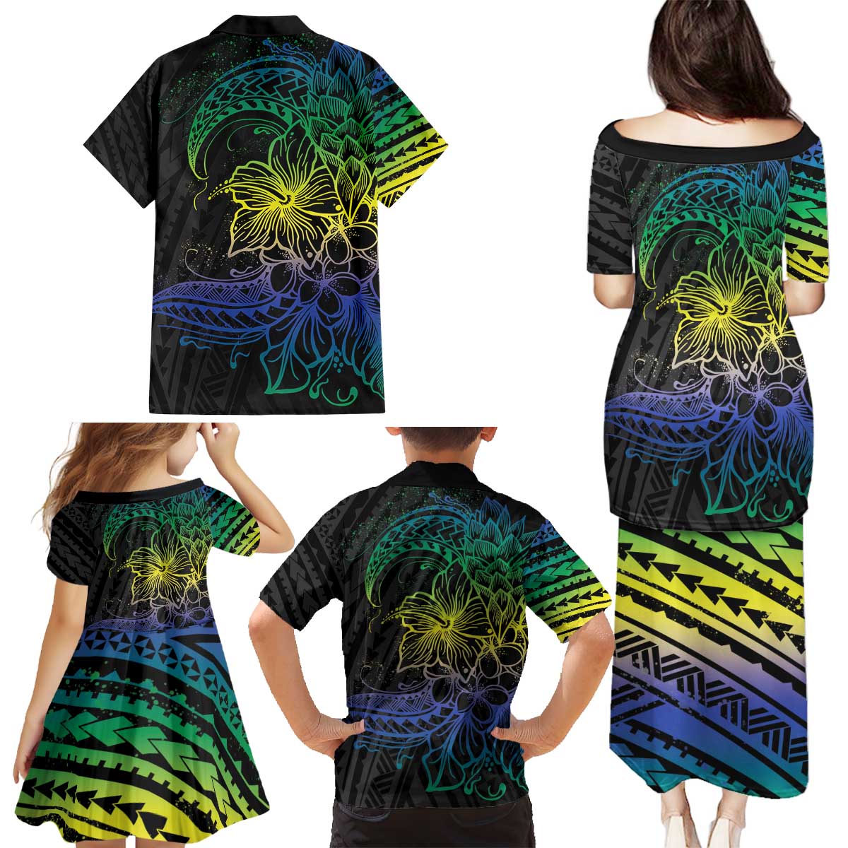 Floral Polynesian Hibiscus Tattoo Family Matching Puletasi and Hawaiian Shirt Green Gradient Style LT9 - Polynesian Pride