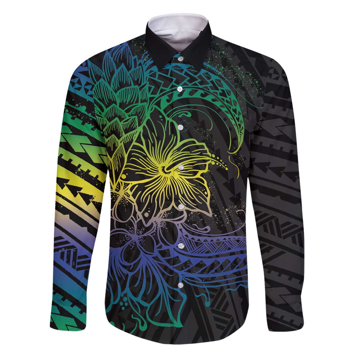 Floral Polynesian Hibiscus Tattoo Family Matching Puletasi and Hawaiian Shirt Green Gradient Style LT9 Dad's Shirt - Long Sleeve Green - Polynesian Pride