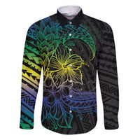 Floral Polynesian Hibiscus Tattoo Family Matching Puletasi and Hawaiian Shirt Green Gradient Style LT9 Dad's Shirt - Long Sleeve Green - Polynesian Pride