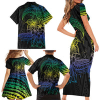 Floral Polynesian Hibiscus Tattoo Family Matching Short Sleeve Bodycon Dress and Hawaiian Shirt Green Gradient Style LT9 - Polynesian Pride
