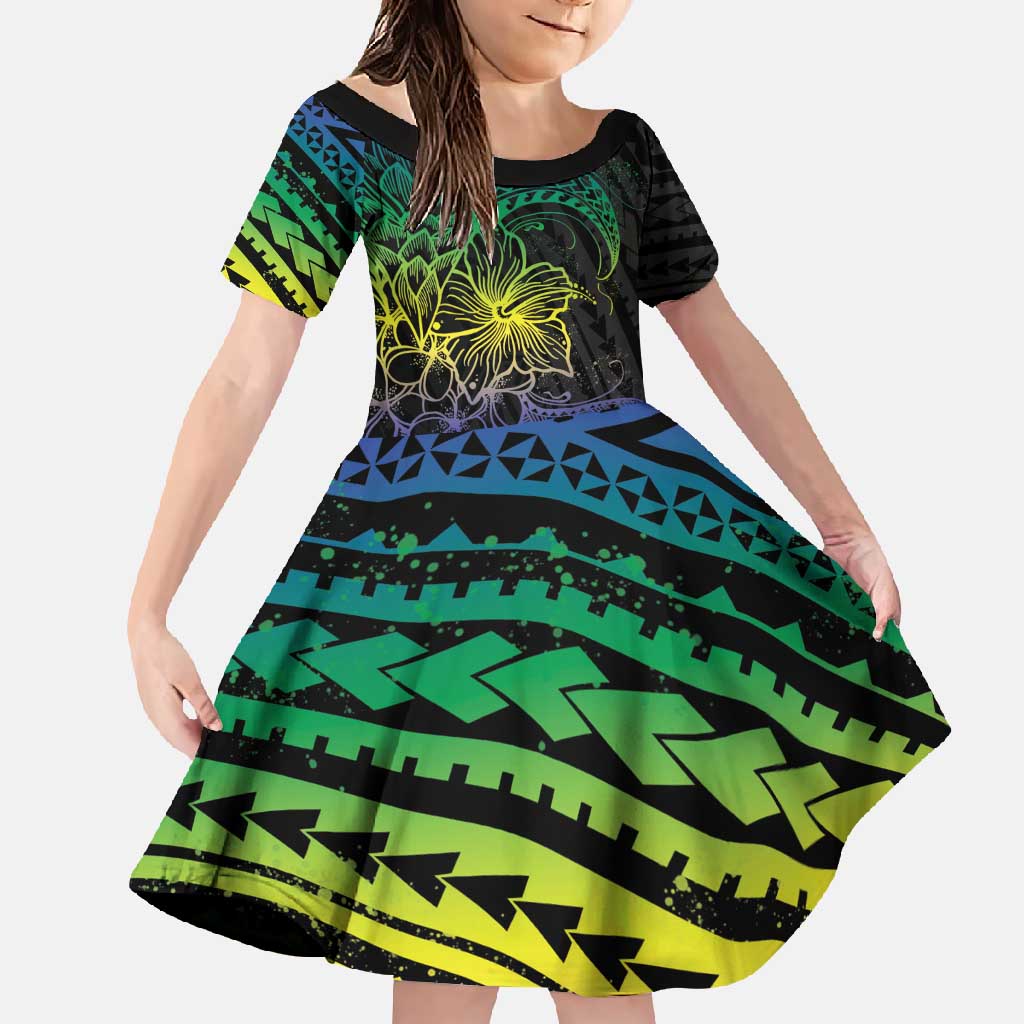 Floral Polynesian Hibiscus Tattoo Family Matching Summer Maxi Dress and Hawaiian Shirt Green Gradient Style LT9 Daughter's Dress Green - Polynesian Pride