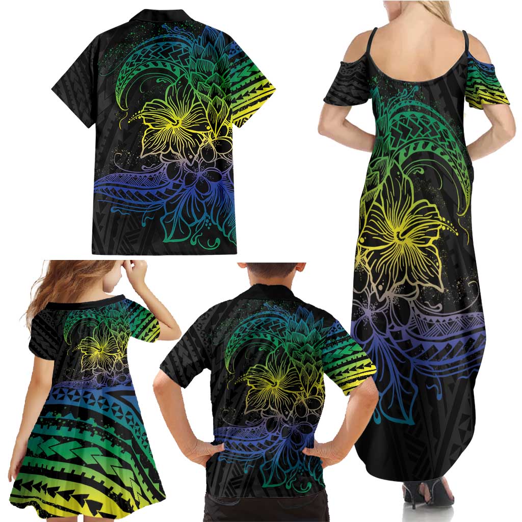 Floral Polynesian Hibiscus Tattoo Family Matching Summer Maxi Dress and Hawaiian Shirt Green Gradient Style LT9 - Polynesian Pride