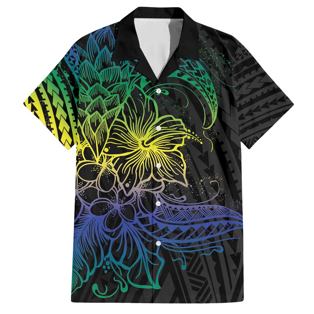 Floral Polynesian Hibiscus Tattoo Family Matching Summer Maxi Dress and Hawaiian Shirt Green Gradient Style LT9 Dad's Shirt - Short Sleeve Green - Polynesian Pride