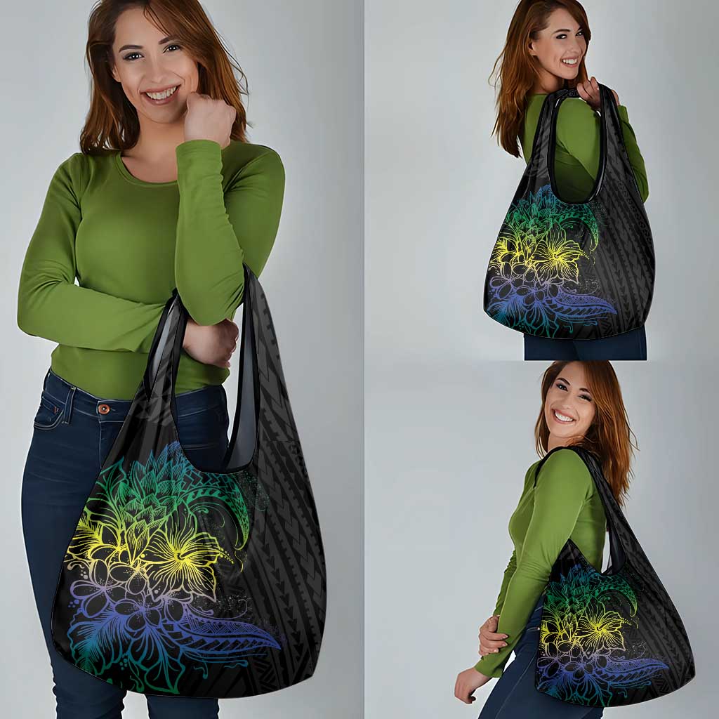 Floral Polynesian Hibiscus Tattoo Grocery Bag Green Gradient Style