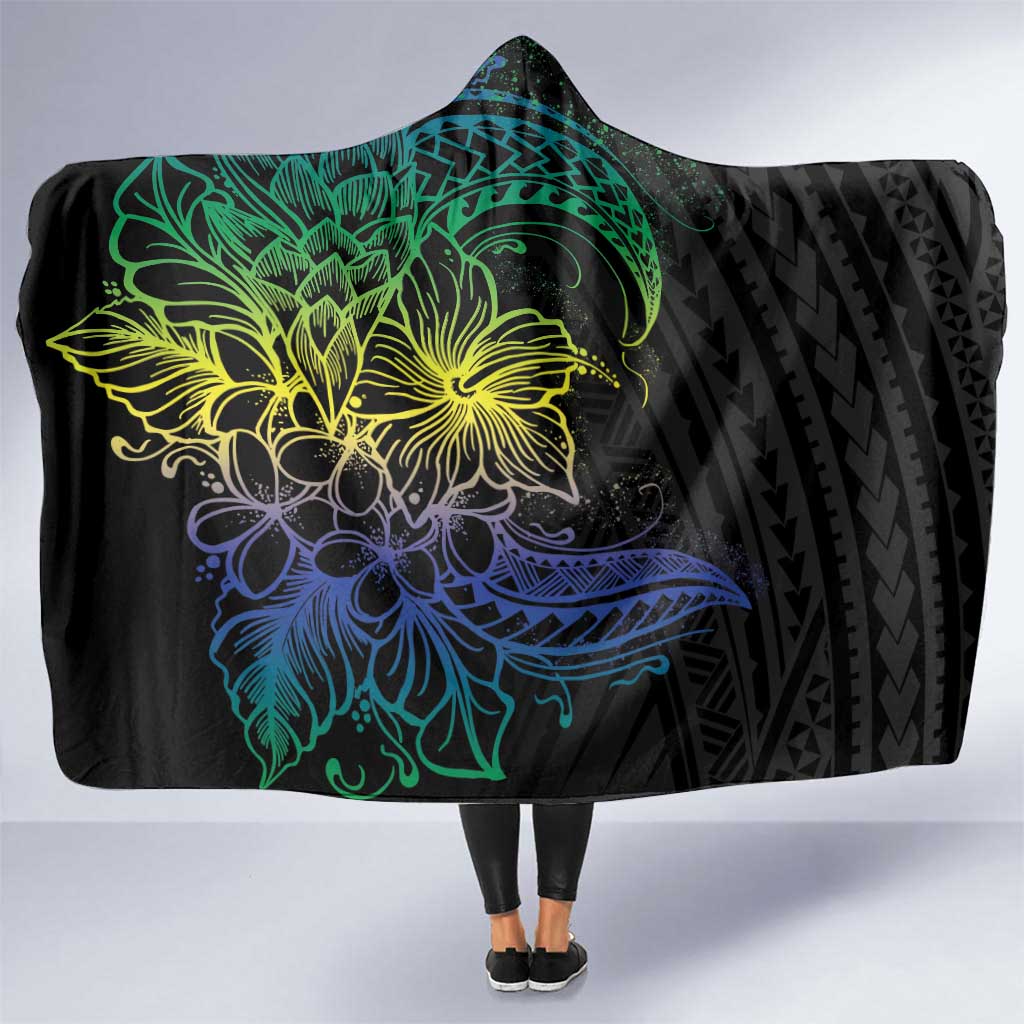 Floral Polynesian Hibiscus Tattoo Hooded Blanket Green Gradient Style LT9 One Size Green - Polynesian Pride