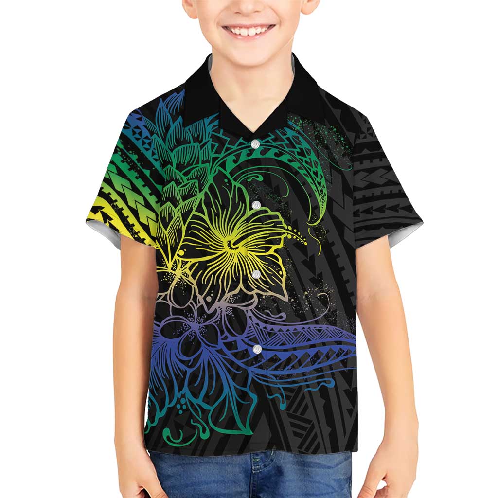 Floral Polynesian Hibiscus Tattoo Kid Hawaiian Shirt Green Gradient Style LT9 Kid Green - Polynesian Pride