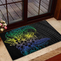 Floral Polynesian Hibiscus Tattoo Rubber Doormat Green Gradient Style
