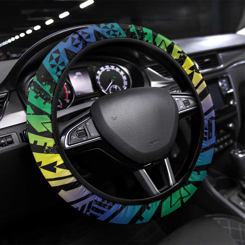 Floral Polynesian Hibiscus Tattoo Steering Wheel Cover Green Gradient Style LT9 Universal Fit Green - Polynesian Pride