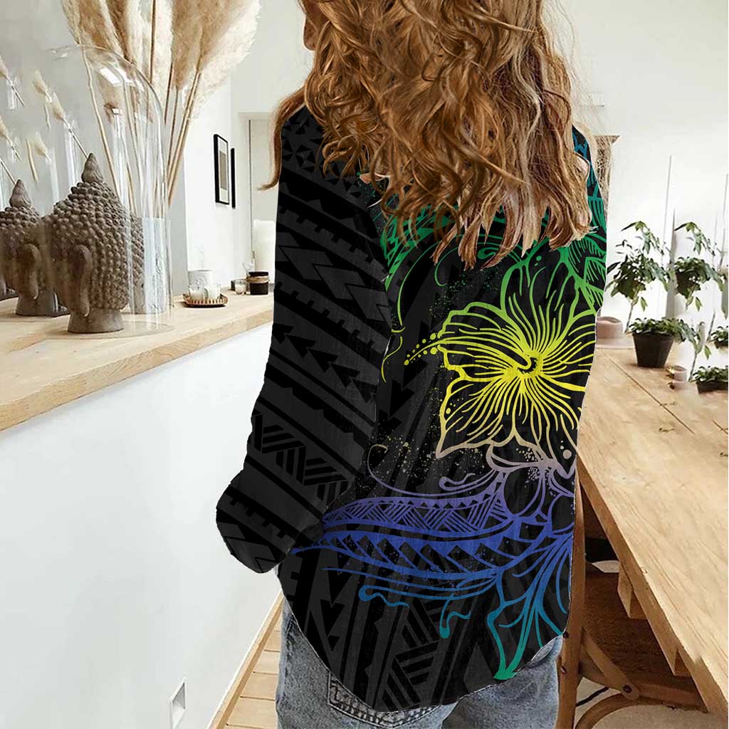 Floral Polynesian Hibiscus Tattoo Women Casual Shirt Green Gradient Style