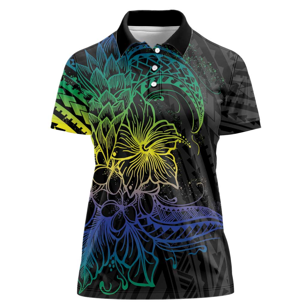 Floral Polynesian Hibiscus Tattoo Women Polo Shirt Green Gradient Style