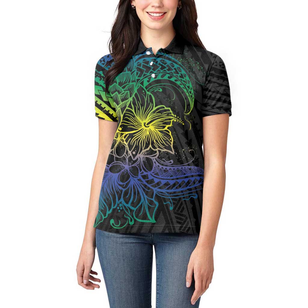 Floral Polynesian Hibiscus Tattoo Women Polo Shirt Green Gradient Style