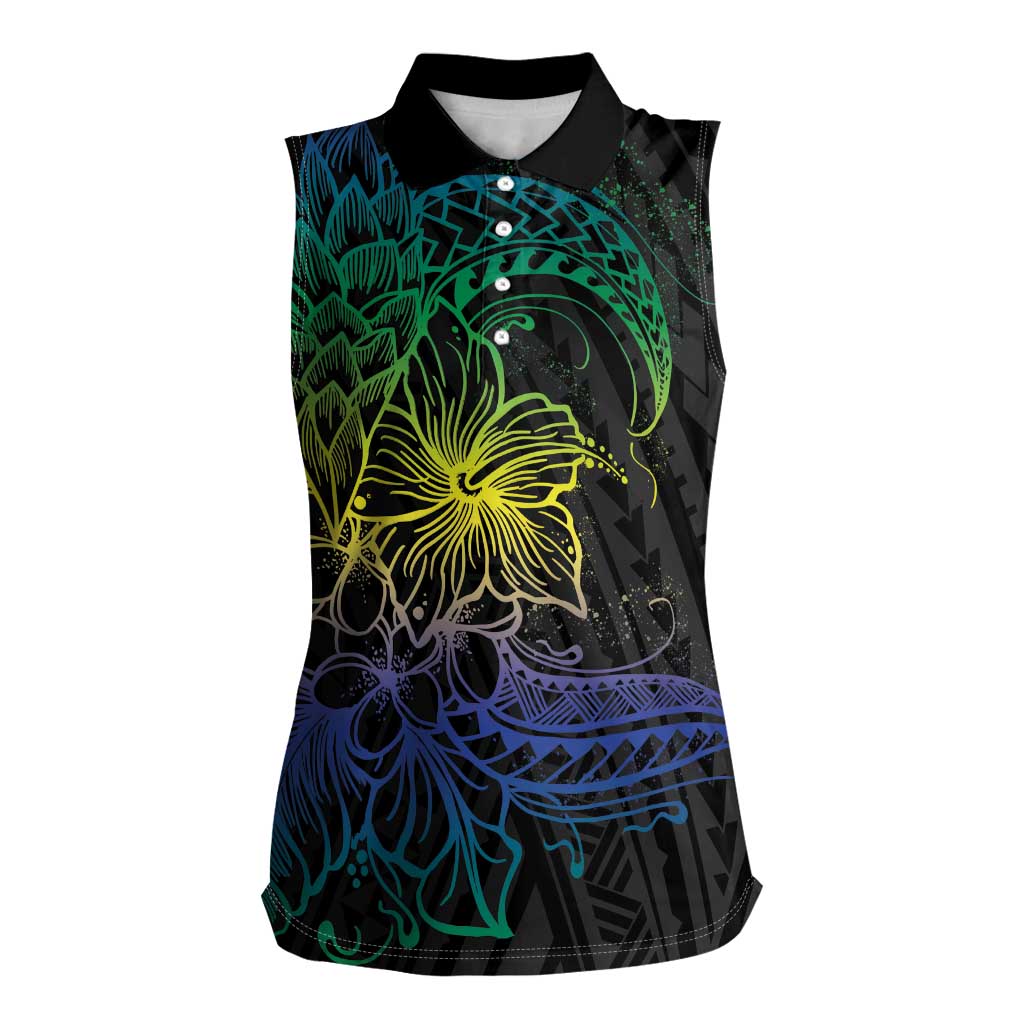 Floral Polynesian Hibiscus Tattoo Women Sleeveless Polo Shirt Green Gradient Style LT9 Female Green - Polynesian Pride