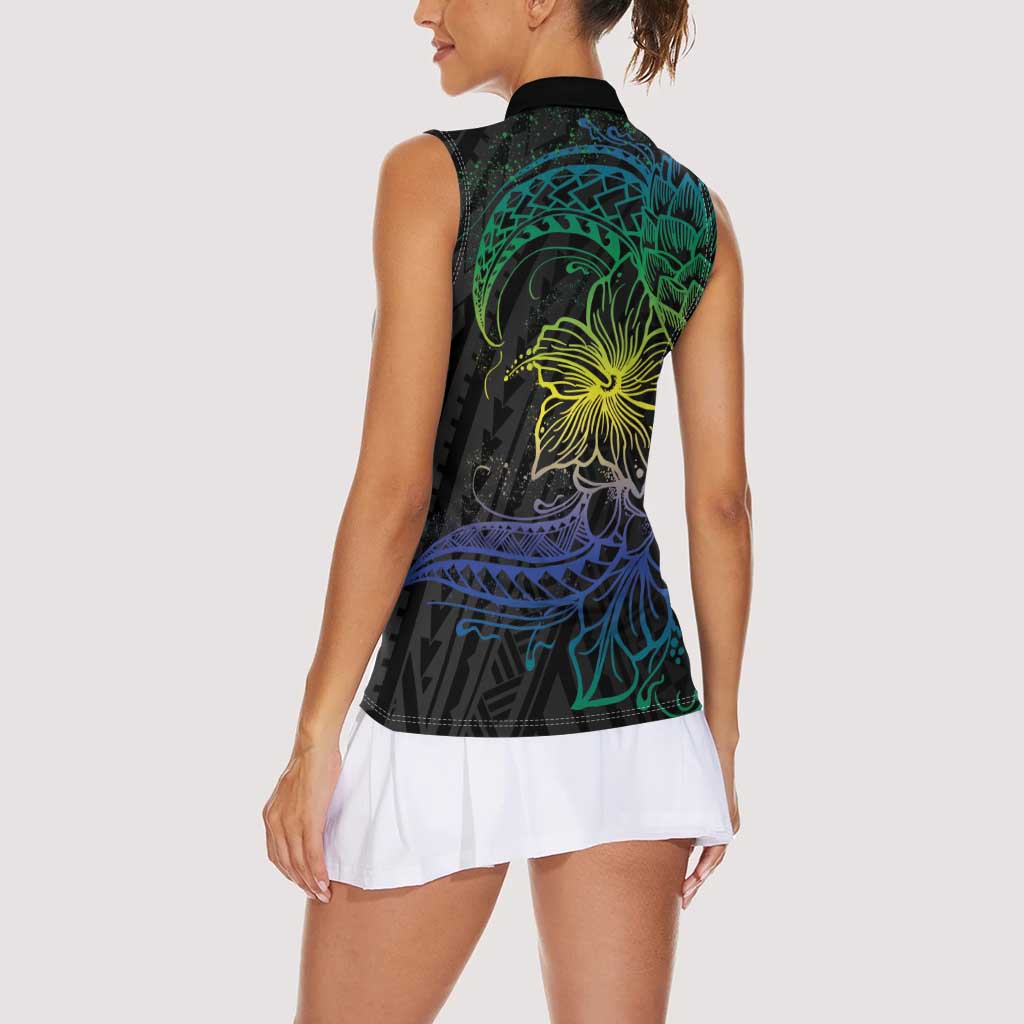 Floral Polynesian Hibiscus Tattoo Women Sleeveless Polo Shirt Green Gradient Style