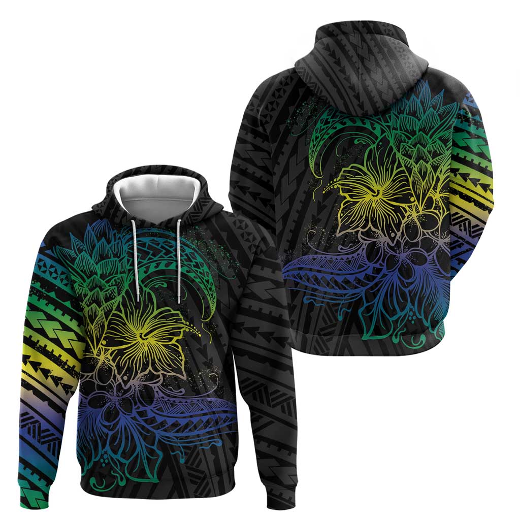 Floral Polynesian Hibiscus Tattoo Zip Hoodie Green Gradient Style