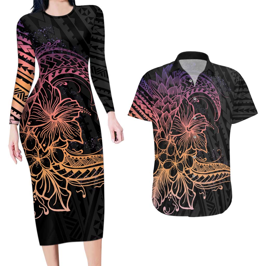 Floral Polynesian Hibiscus Tattoo Couples Matching Long Sleeve Bodycon Dress and Hawaiian Shirt Peach Gradient Style LT9 Peach - Polynesian Pride