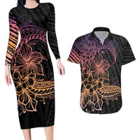 Floral Polynesian Hibiscus Tattoo Couples Matching Long Sleeve Bodycon Dress and Hawaiian Shirt Peach Gradient Style LT9 Peach - Polynesian Pride