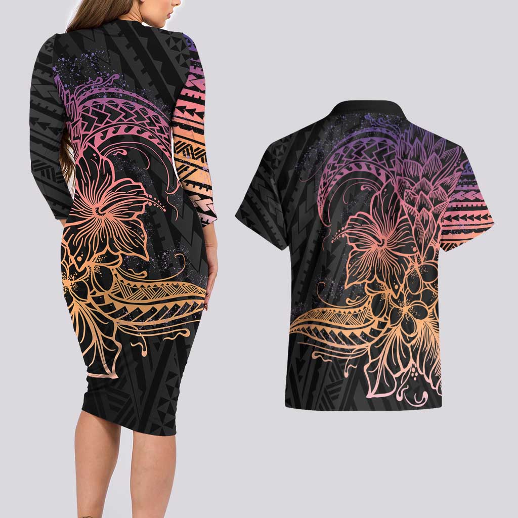 Floral Polynesian Hibiscus Tattoo Couples Matching Long Sleeve Bodycon Dress and Hawaiian Shirt Peach Gradient Style LT9 - Polynesian Pride