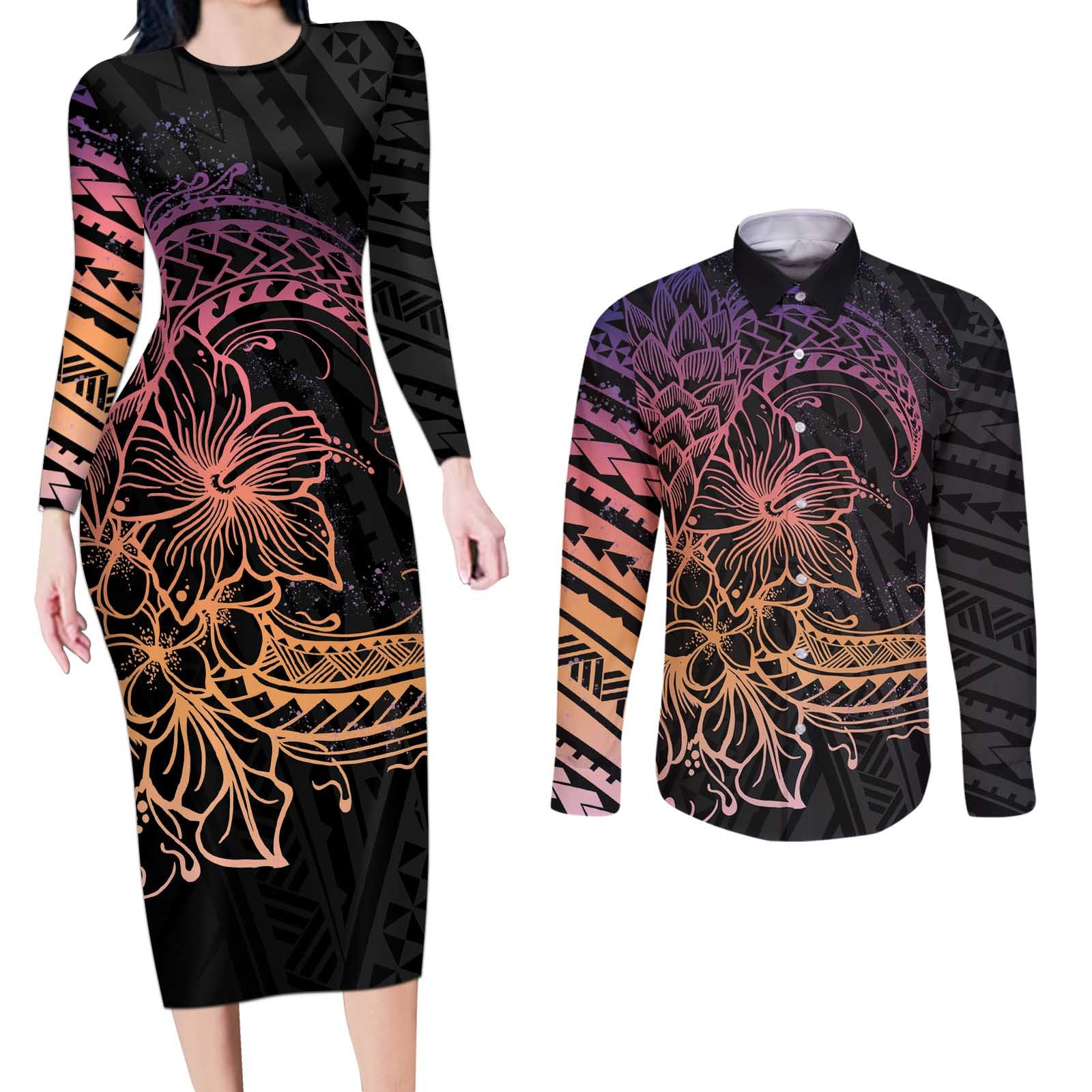 Floral Polynesian Hibiscus Tattoo Couples Matching Long Sleeve Bodycon Dress and Long Sleeve Button Shirt Peach Gradient Style LT9 Peach - Polynesian Pride