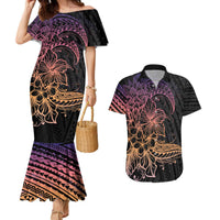 Floral Polynesian Hibiscus Tattoo Couples Matching Mermaid Dress and Hawaiian Shirt Peach Gradient Style LT9 Peach - Polynesian Pride