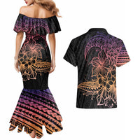Floral Polynesian Hibiscus Tattoo Couples Matching Mermaid Dress and Hawaiian Shirt Peach Gradient Style LT9 - Polynesian Pride