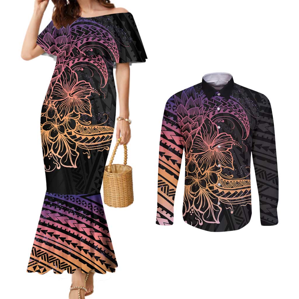 Floral Polynesian Hibiscus Tattoo Couples Matching Mermaid Dress and Long Sleeve Button Shirt Peach Gradient Style LT9 Peach - Polynesian Pride