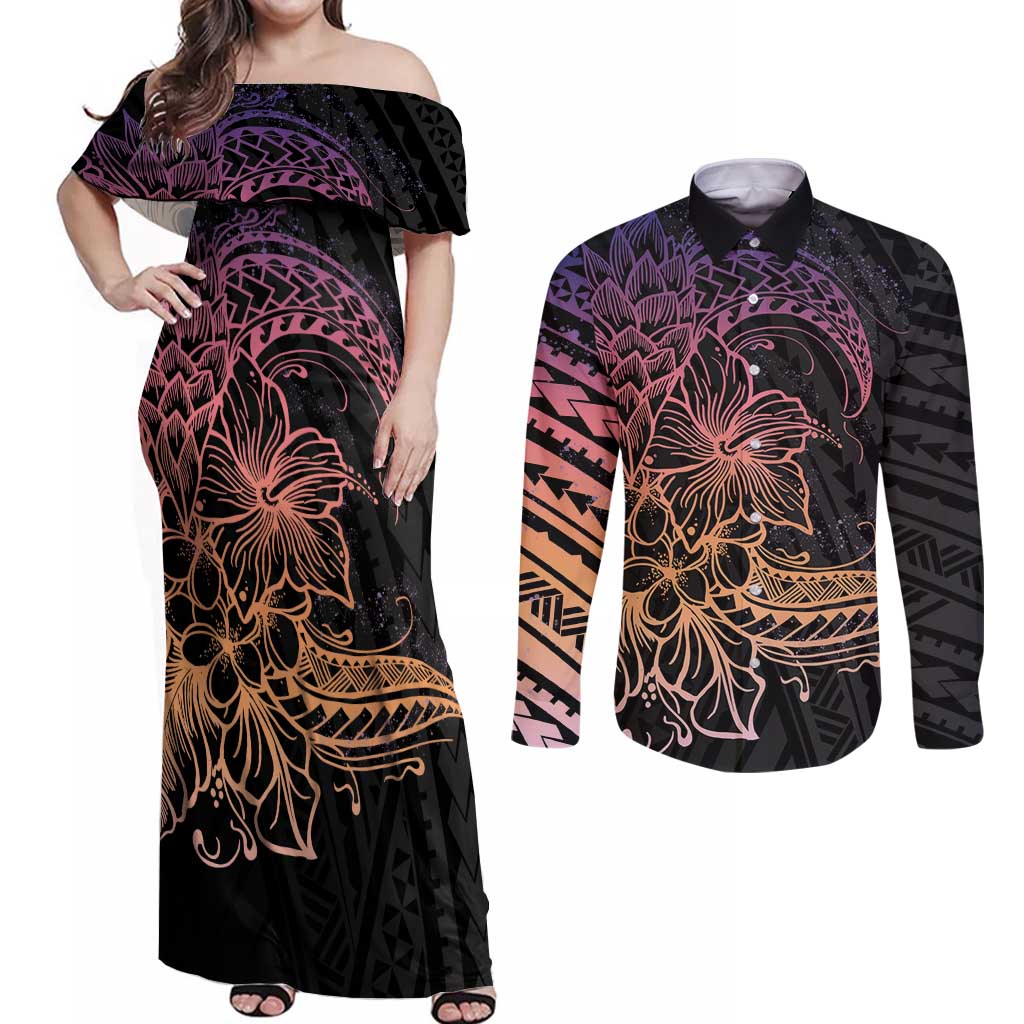 Floral Polynesian Hibiscus Tattoo Couples Matching Off Shoulder Maxi Dress and Long Sleeve Button Shirt Peach Gradient Style LT9 Peach - Polynesian Pride