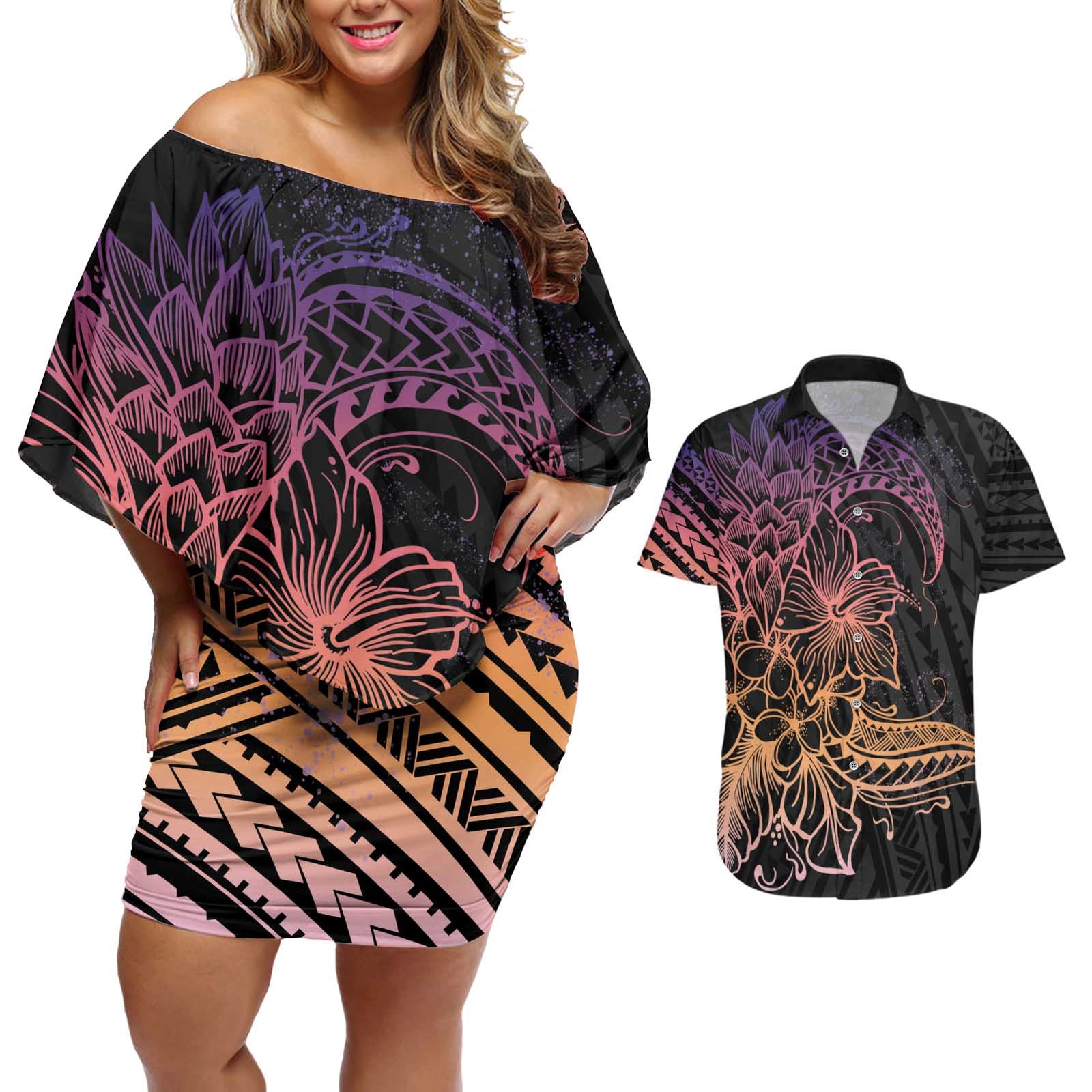 Floral Polynesian Hibiscus Tattoo Couples Matching Off Shoulder Short Dress and Hawaiian Shirt Peach Gradient Style LT9 Peach - Polynesian Pride