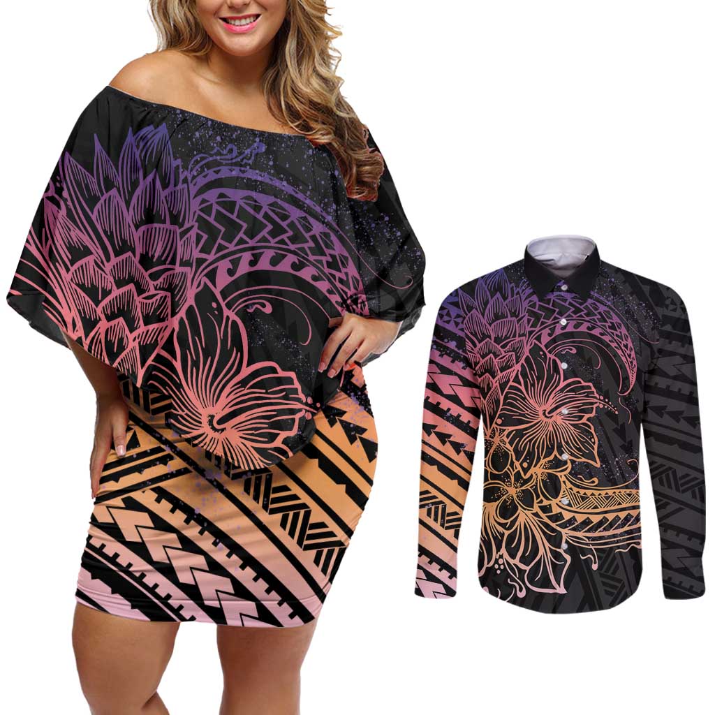 Floral Polynesian Hibiscus Tattoo Couples Matching Off Shoulder Short Dress and Long Sleeve Button Shirt Peach Gradient Style LT9 Peach - Polynesian Pride
