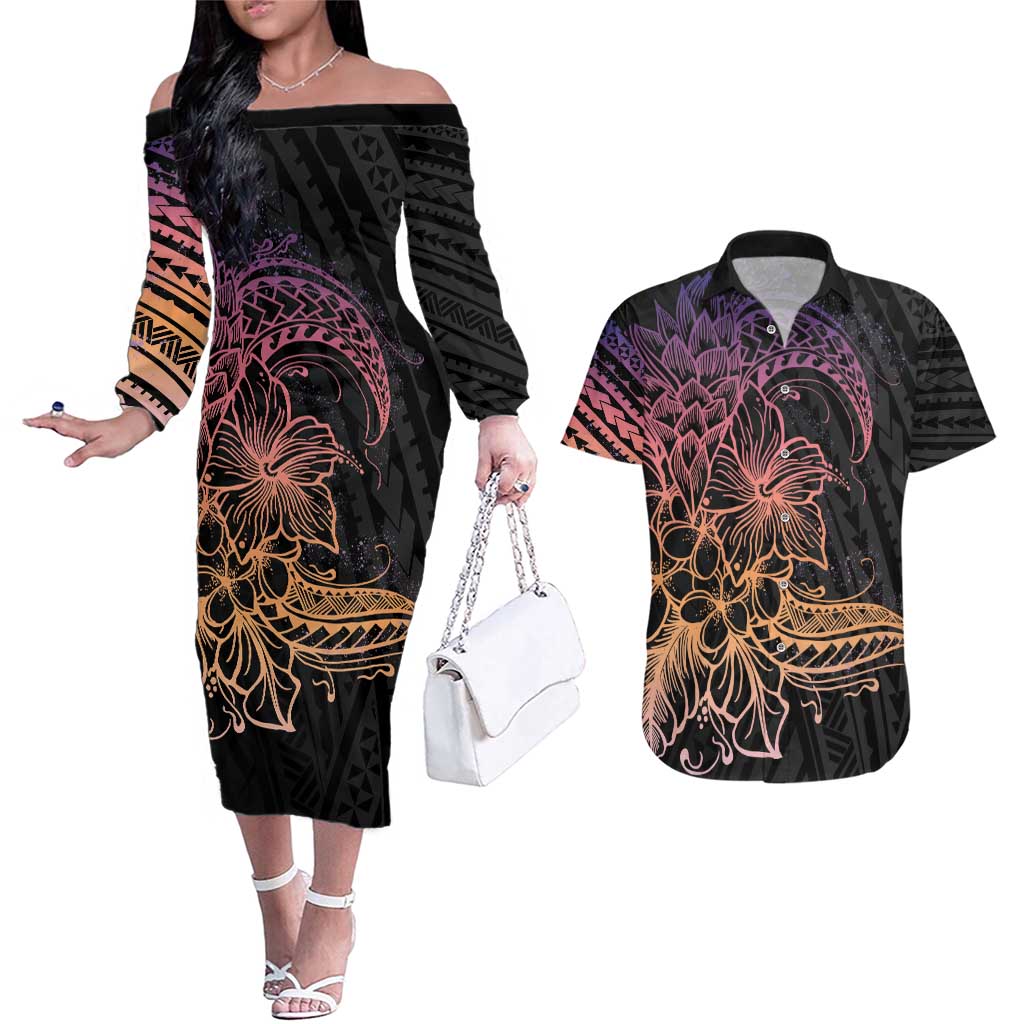 Floral Polynesian Hibiscus Tattoo Couples Matching Off The Shoulder Long Sleeve Dress and Hawaiian Shirt Peach Gradient Style LT9 Peach - Polynesian Pride