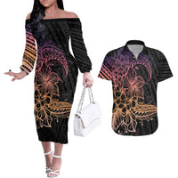 Floral Polynesian Hibiscus Tattoo Couples Matching Off The Shoulder Long Sleeve Dress and Hawaiian Shirt Peach Gradient Style LT9 Peach - Polynesian Pride