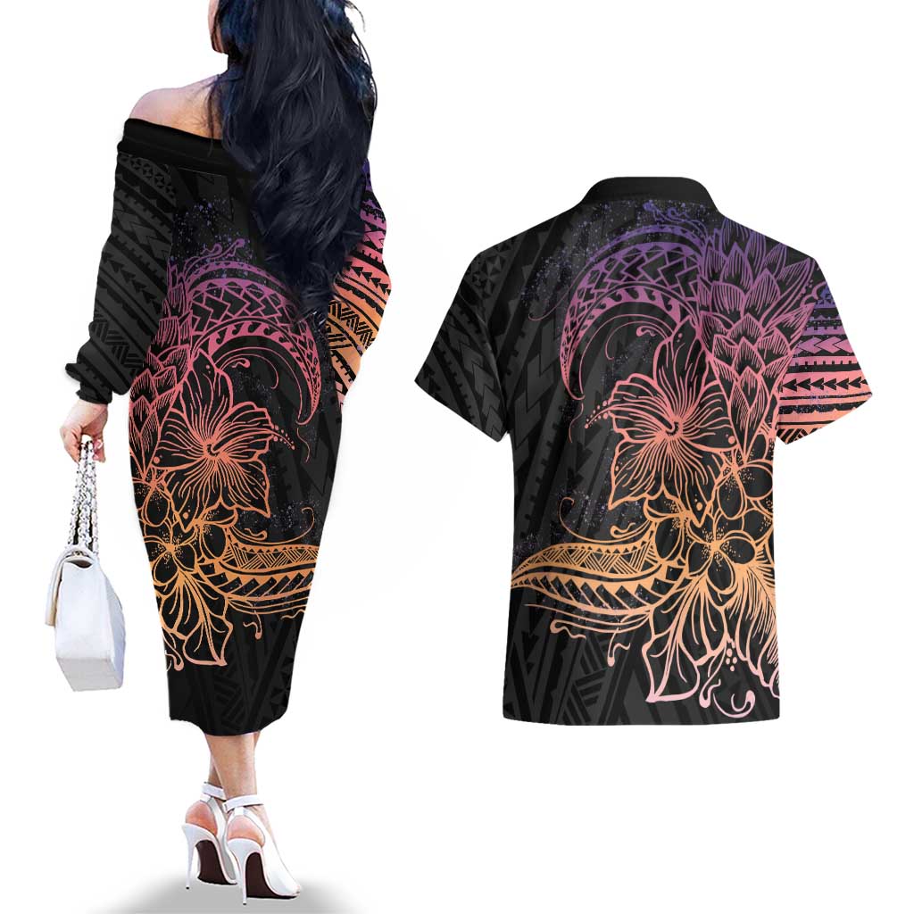 Floral Polynesian Hibiscus Tattoo Couples Matching Off The Shoulder Long Sleeve Dress and Hawaiian Shirt Peach Gradient Style LT9 - Polynesian Pride