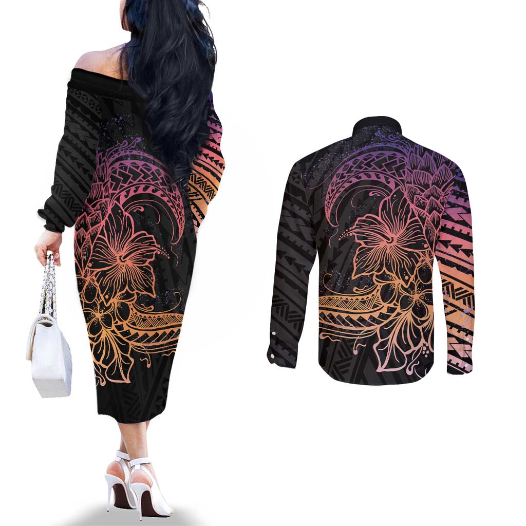 Floral Polynesian Hibiscus Tattoo Couples Matching Off The Shoulder Long Sleeve Dress and Long Sleeve Button Shirt Peach Gradient Style LT9 - Polynesian Pride