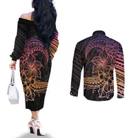 Floral Polynesian Hibiscus Tattoo Couples Matching Off The Shoulder Long Sleeve Dress and Long Sleeve Button Shirt Peach Gradient Style LT9 - Polynesian Pride