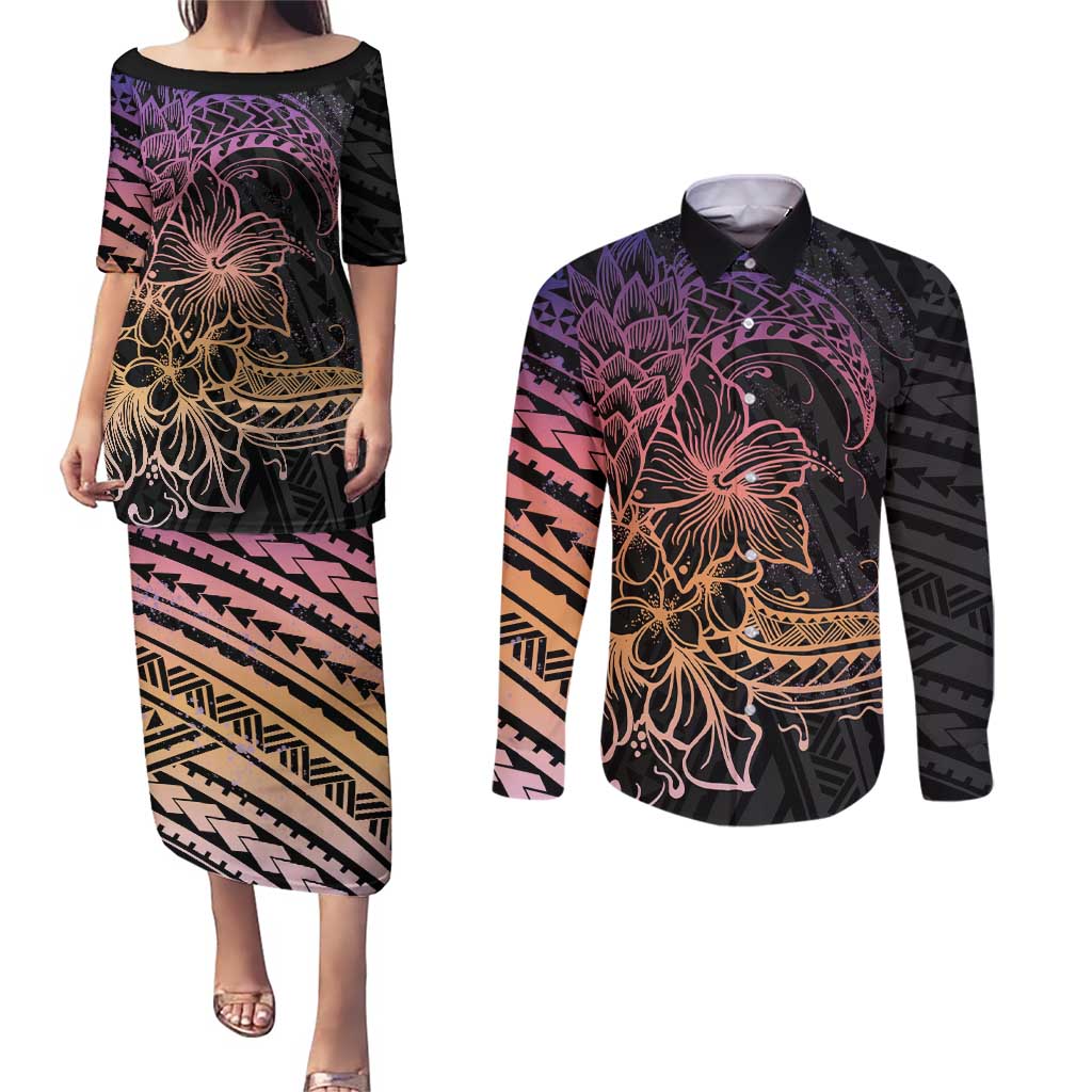 Floral Polynesian Hibiscus Tattoo Couples Matching Puletasi and Long Sleeve Button Shirt Peach Gradient Style LT9 Peach - Polynesian Pride