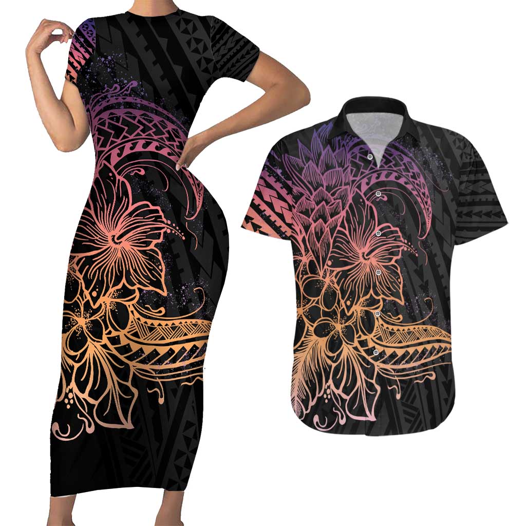 Floral Polynesian Hibiscus Tattoo Couples Matching Short Sleeve Bodycon Dress and Hawaiian Shirt Peach Gradient Style LT9 Peach - Polynesian Pride