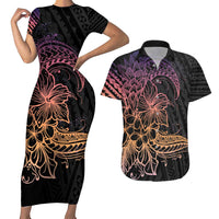 Floral Polynesian Hibiscus Tattoo Couples Matching Short Sleeve Bodycon Dress and Hawaiian Shirt Peach Gradient Style LT9 Peach - Polynesian Pride