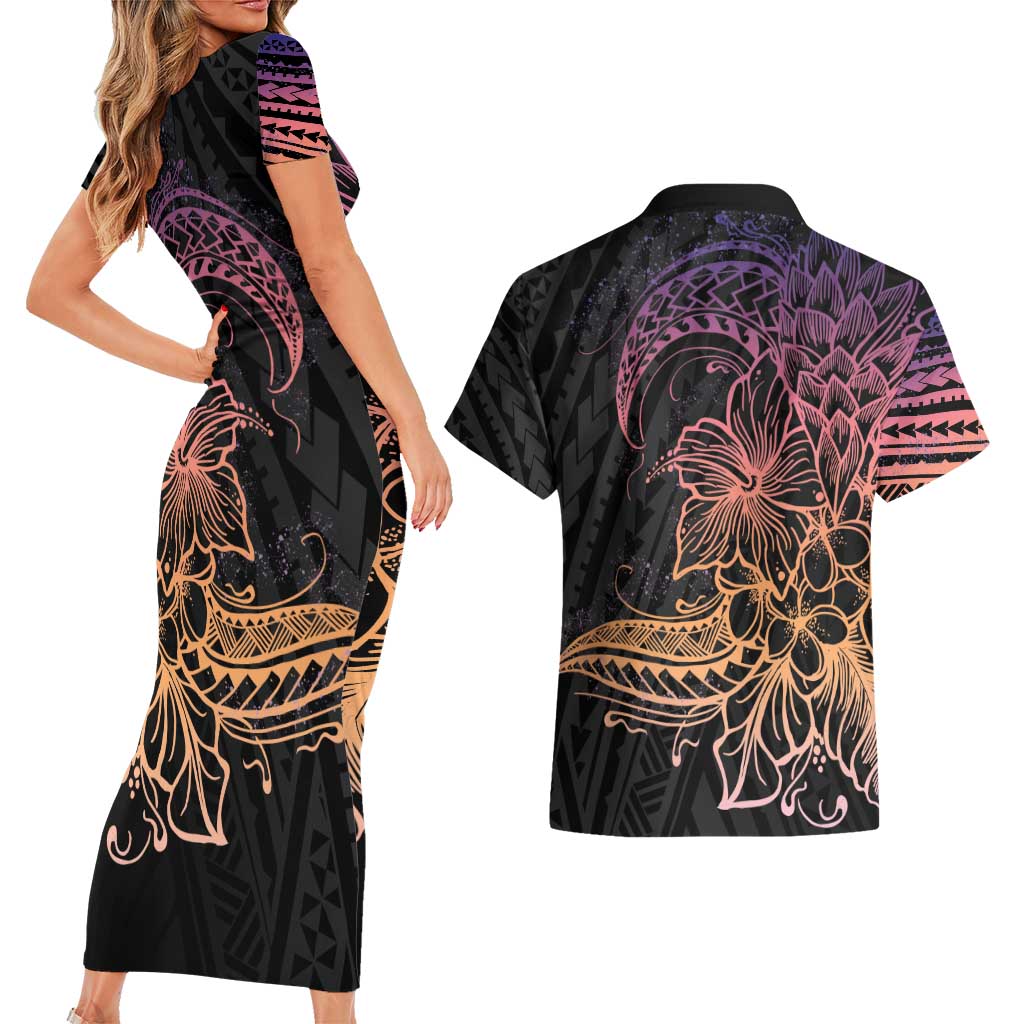 Floral Polynesian Hibiscus Tattoo Couples Matching Short Sleeve Bodycon Dress and Hawaiian Shirt Peach Gradient Style LT9 - Polynesian Pride