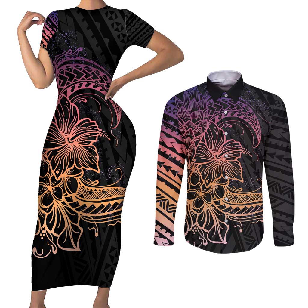 Floral Polynesian Hibiscus Tattoo Couples Matching Short Sleeve Bodycon Dress and Long Sleeve Button Shirt Peach Gradient Style LT9 Peach - Polynesian Pride