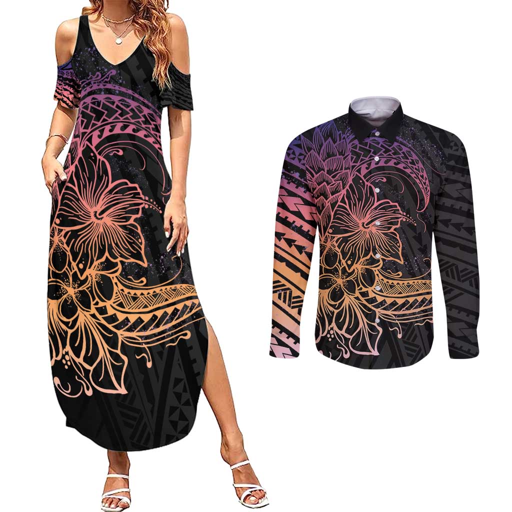 Floral Polynesian Hibiscus Tattoo Couples Matching Summer Maxi Dress and Long Sleeve Button Shirt Peach Gradient Style LT9 Peach - Polynesian Pride