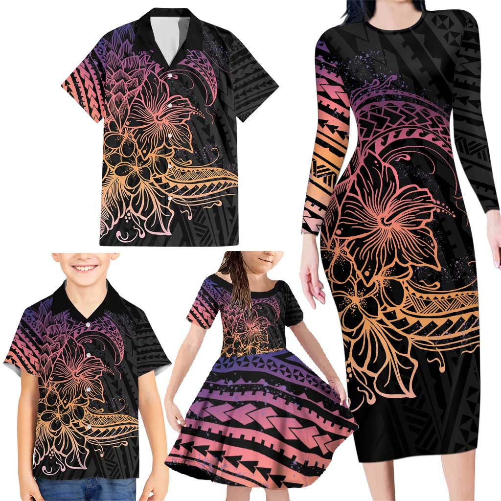 Floral Polynesian Hibiscus Tattoo Family Matching Long Sleeve Bodycon Dress and Hawaiian Shirt Peach Gradient Style LT9 - Polynesian Pride